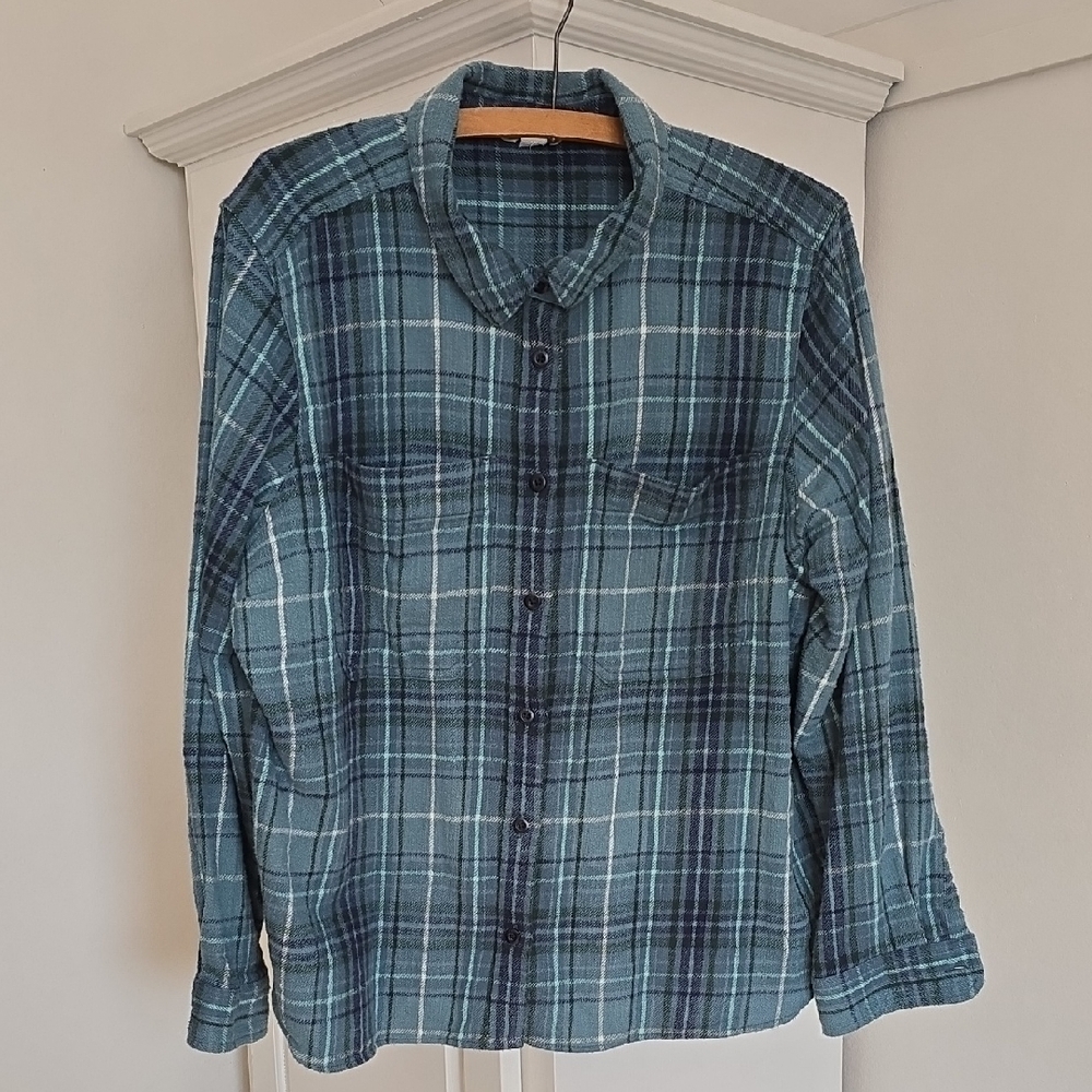 L.L. Bean Womens XL Flannel Field Shirt Teal Plaid Casual Pockets 100% Cotton